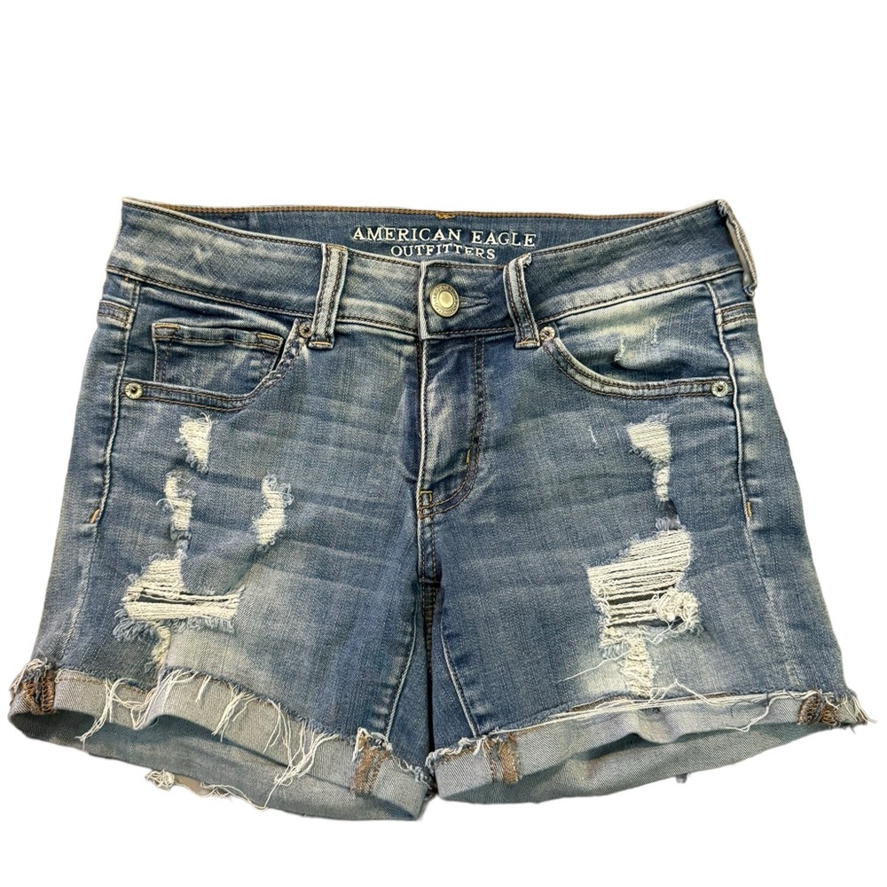 American Eagle Midi Short Super Stretch Denim Medium Wash Distressed Midi Size 4